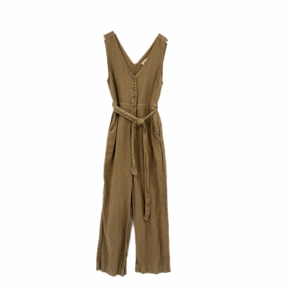 Faherty Alina 100% Linen Sleeveless Waist Tie V-Neck Pockets Button Jumpsuit - Picture 9 of 13